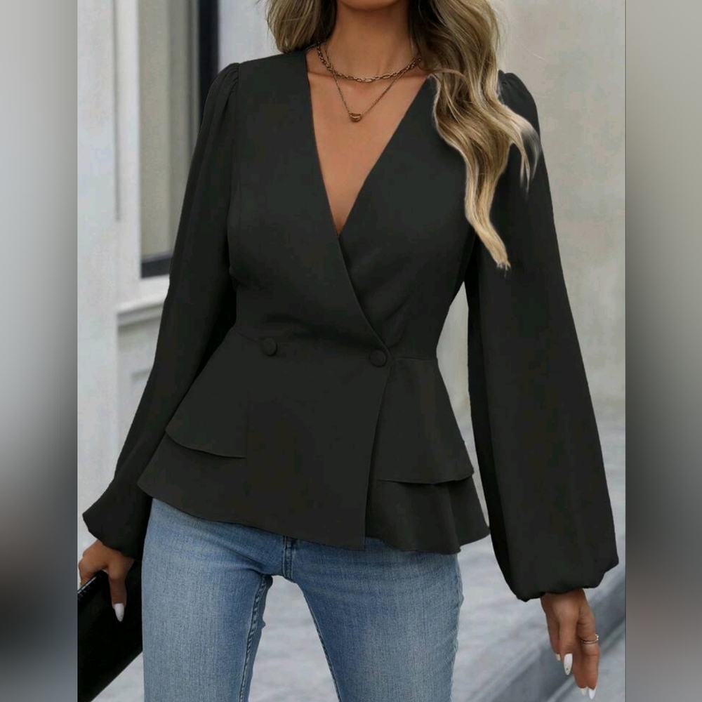 New Chic Button Layered Peplum Top Blouse Black